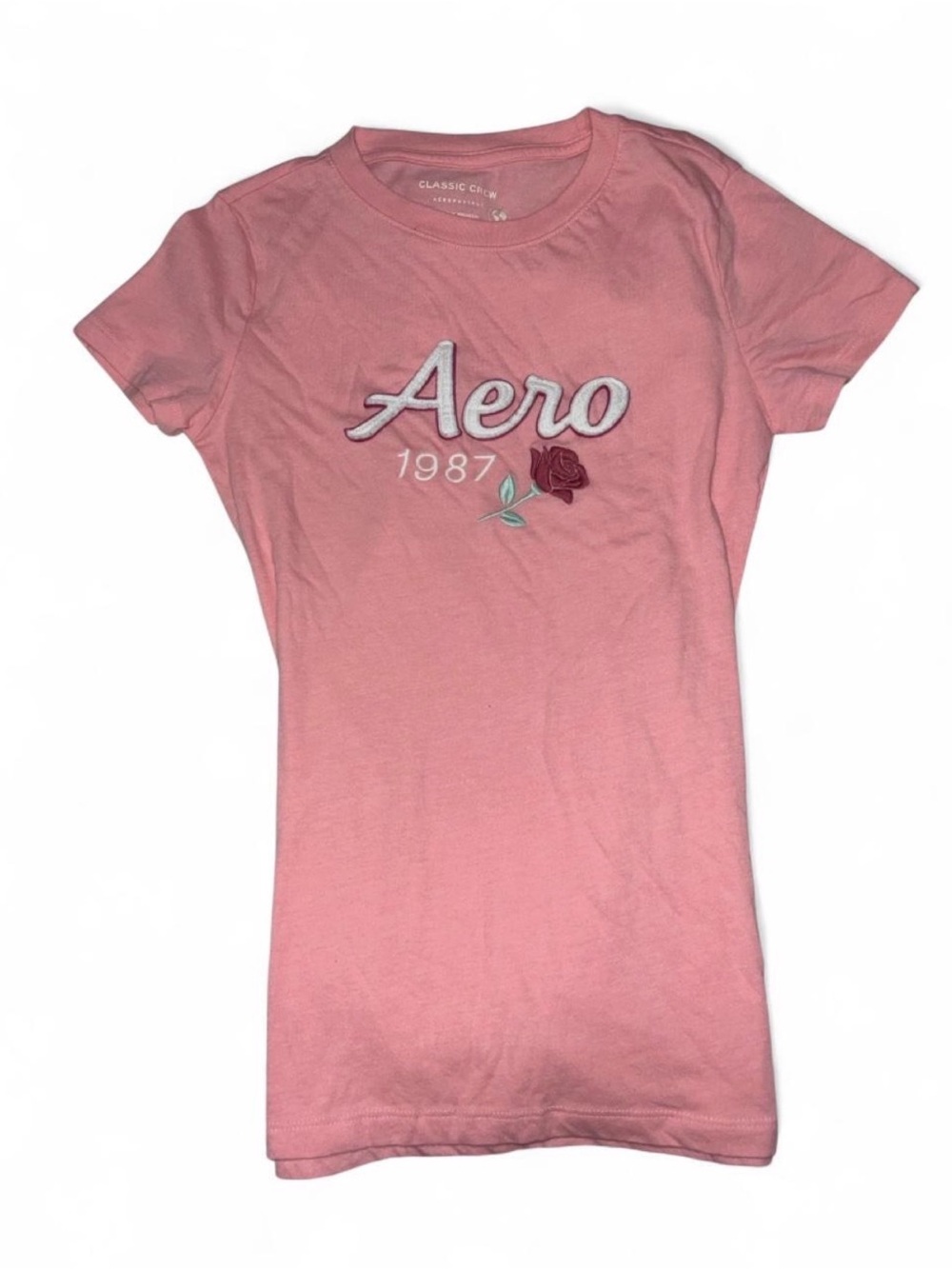 Aeropostale Pink 1987 Embroidered Rose Tee